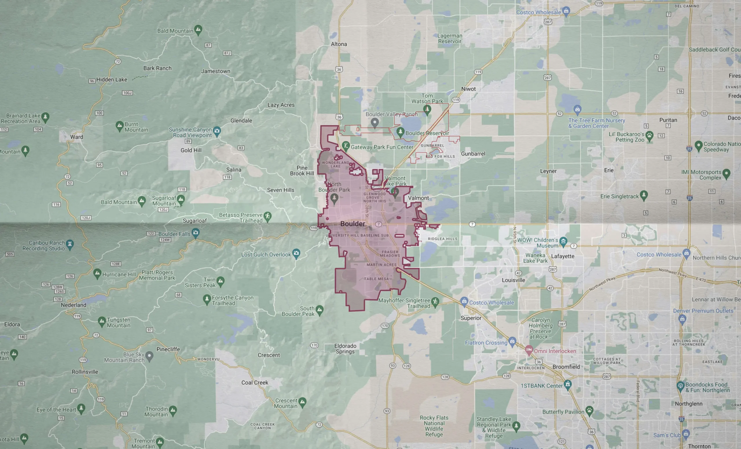 A Map of Boulder Colorado, where Rubicon removes snow for businesses.