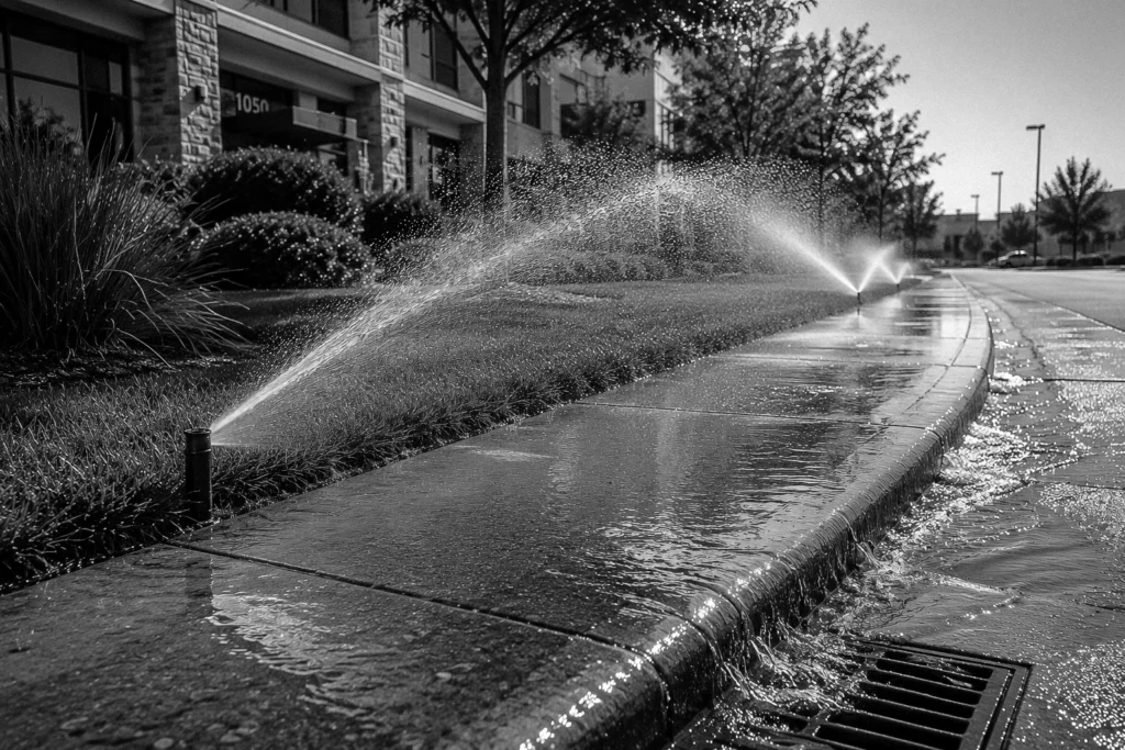 irrigation system wasting water with lots of runoff.