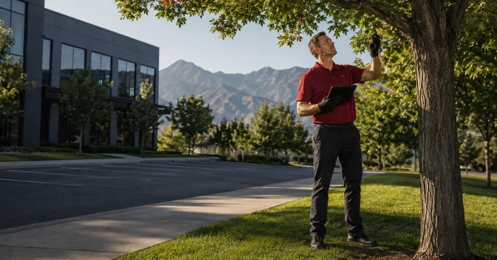 arborist caring for tree on commercial property