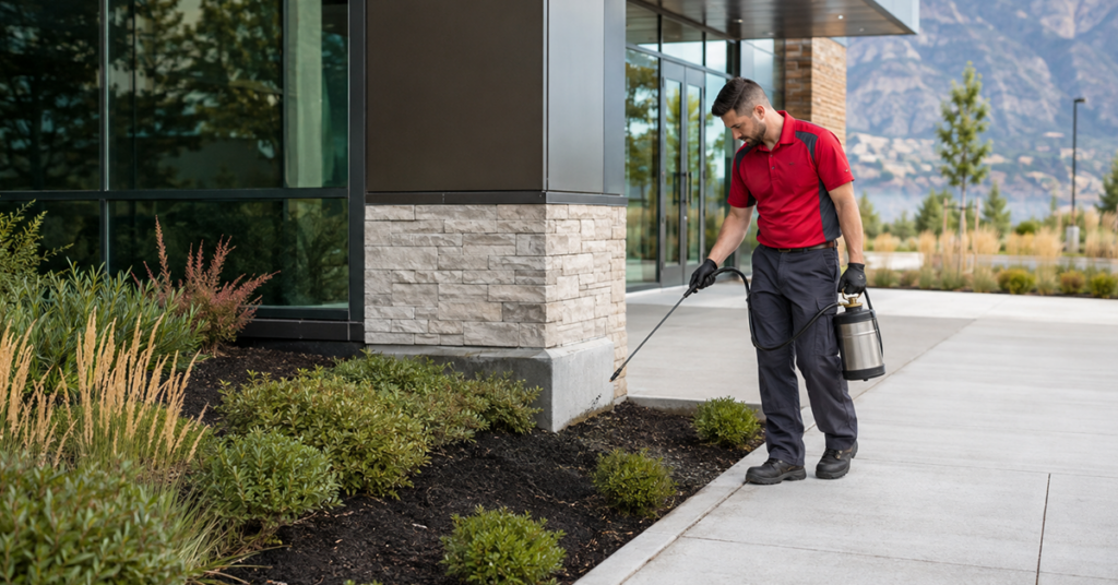 Rubicon technician treating a commercial building entrance for pest
